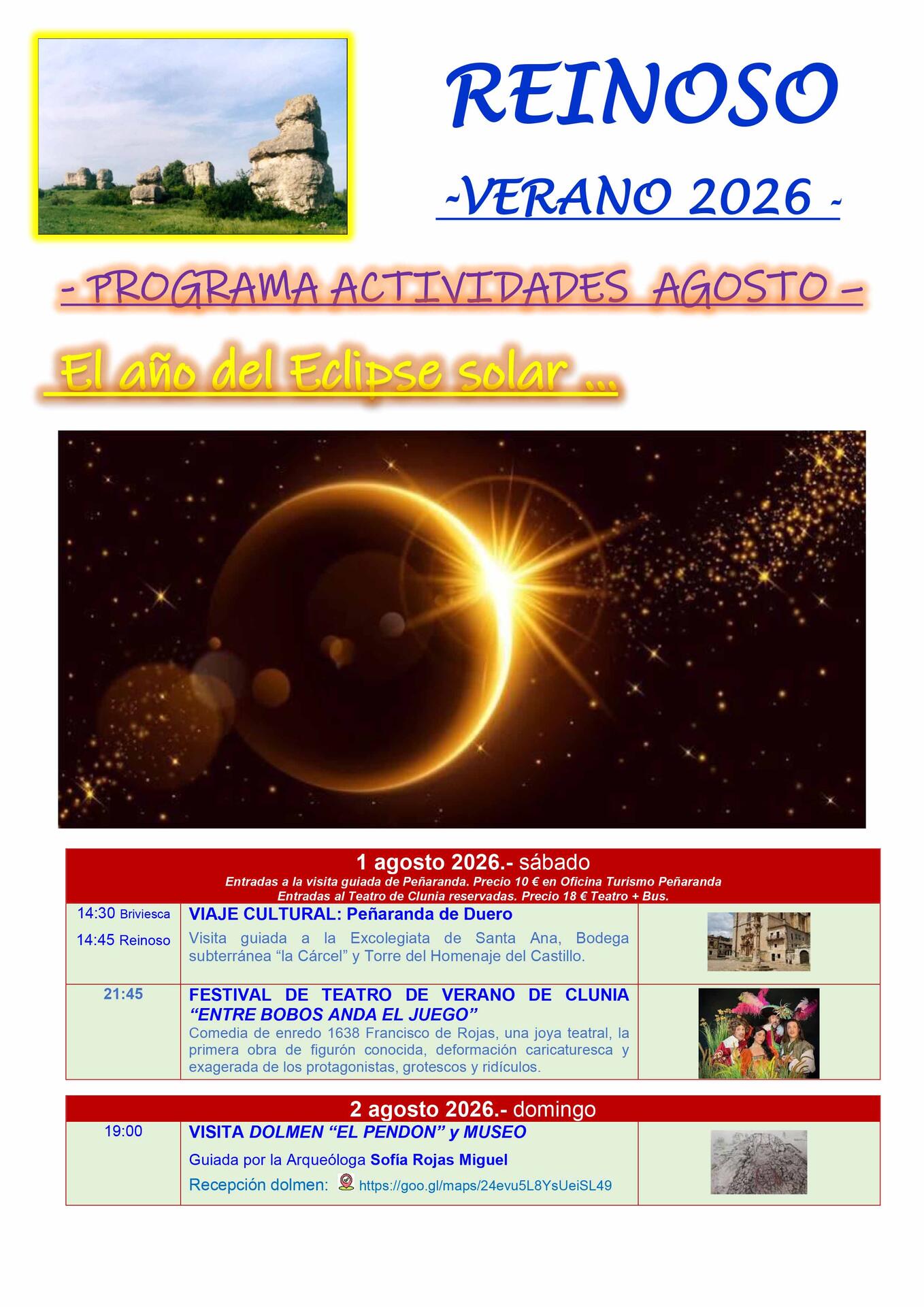 Programa actividades agosto 2026 REINOSO "El año del Eclipse solar..."